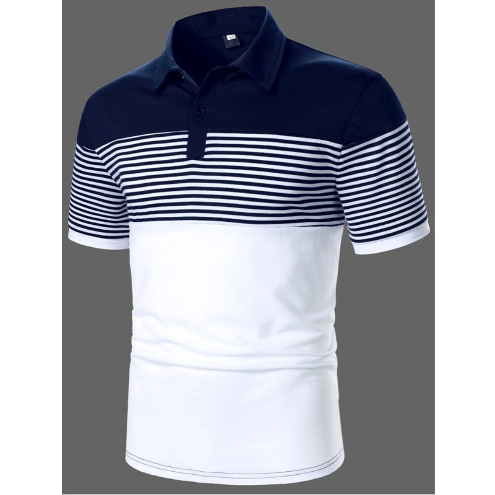 SHEIN Blue and White Stripped Polo Shirt Size XXL, Navy and White Golf shirt